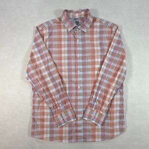Under 5'10 Mens Large Plaid Button Down Shirt Orange Blue White Cotton